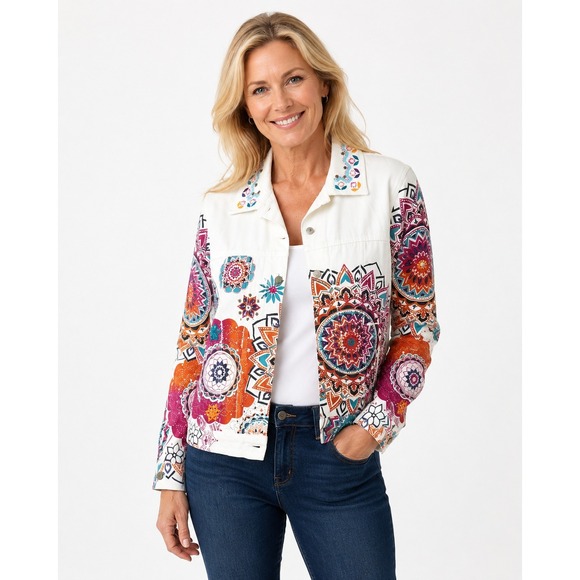 Boston Proper Jackets & Blazers - Boston Proper Womens White Mandala Embellished Denim Jacket Size S Boho Beaded